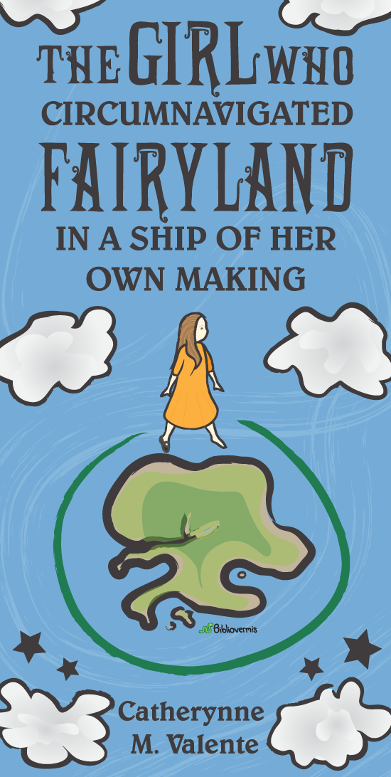 Book Review: The Girl Who Circumnavigated Fairyland in a Ship of Her Own Making. Catherynne M. Valente. [Image shows a girl with one shoe, and a continent, surrounded by clouds]