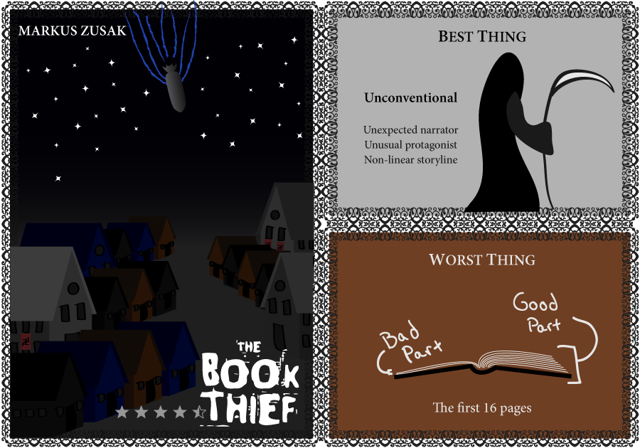 Markus Zusak. The Book Thief. 4.5 stars. Best Thing: Unconventional. Worst Thing: The beginning.