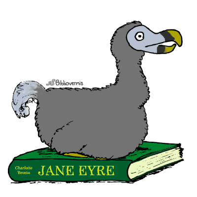 A wingless dodo sits on a copy of Jane Eyre.