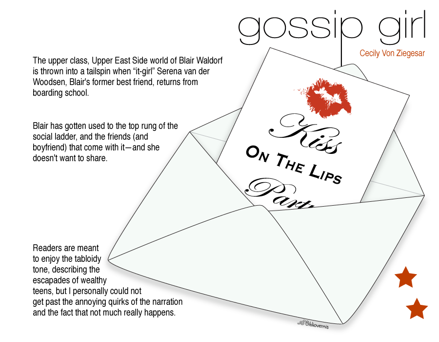 Gossip Girl. Cecily Von Ziegesar. Book Review: The upper class, Upper East Side world of Blair Waldorf is thrown into a tailspin when 'it-girl' Serena van der Woodsen, Blair's former best friend, returns from boarding school. Blair has gotten used to the top rung of the social ladder, and the friends (and boyfriend) that come with it—and she doesn't want to share. [Image: Envelope holding card with 'Kiss on the Lips Party' and lipstick mark] Readers are meant to enjoy the tabloidy tone, describing the escapades of wealthy teens, but I personally could not get past the annoying quirks of the narration and the fact that not much really happens.