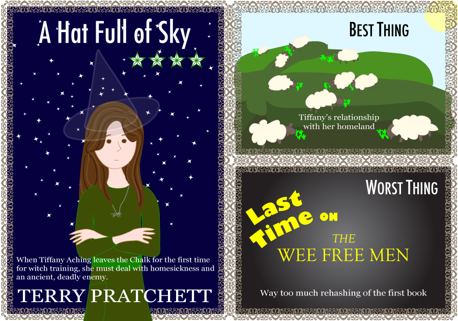 A Hat Full of Sky. Terry Pratchett. 4 stars. When Tiffany Aching leaves the Chalk for the first time for witch training, she must deal with homesickness and an ancient, deadly enemy. Best Thing: Tiffany's relationship with her homeland. Worst Thing: Way too much rehashing of the first book.