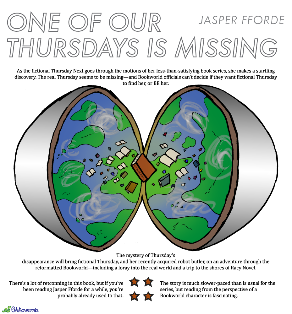 One of our Thursdays is Missing. Jasper Fforde. Book Review: As the fictional Thursday Next goes through the motions of her less-than-satisfying book series, she makes a startling discovery. The real Thursday seems to be missing—and Bookworld officials can't decide if they want fictional Thursday to find her, or BE her. The mystery of Thursday's disappearance will bring fictional Thursday and her recently acquired robot butler on an adventure through the reformatted Bookworld, including a foray into the real world and a trip to the shores of Racy Novel. There's a lot of retconning in this book, but if you've been reading Jasper Fforde for a while, you're already used to that. While the story is a lot slower-paced than is usual for the series, reading from the perspective of a Bookworld character is fascinating. [Image shows a gray globe, split in half to show a world on the INSIDE. Books float through the air above the continents.]
